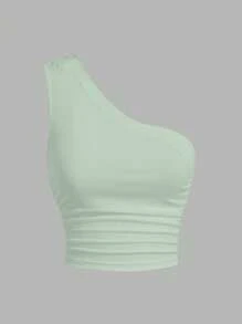 SHEIN EZwear Two-Piece Set Women Black & Mint Green Knitted One Shoulder Top - Mint Green - View 5