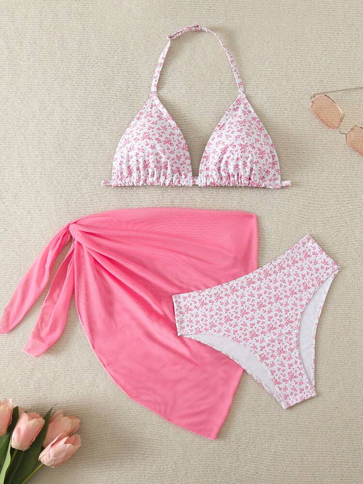SHEIN Teen Girl 3-Piece Swimsuit Set: Ditsy Floral Bikini Top, Tied Bottom And Skirt Bottoms, Blue And White - Pink - View 1