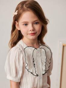 PrepCrw Conjunto de blusa blanca con volantes y falda plisada azul marino estilo escolar de primavera/verano para niñas jóvenes - Blanco y Negro - Ver 3