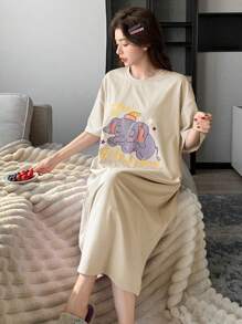 DAZY Cartoon Print Loose Fit Short Sleeve Women's Pajamas Dress - Apricot - View 5