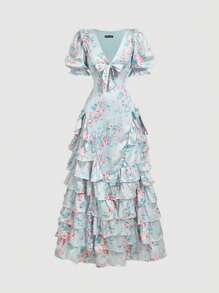 SHEIN MOD 荷叶边下摆修身花朵泡泡袖缎面连衣裙 - 彩色 - 查看 1