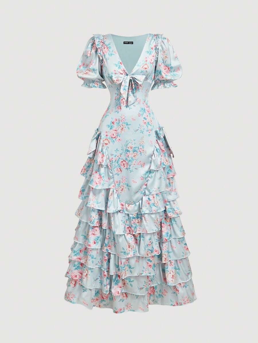 SHEIN MOD 荷叶边下摆修身花朵泡泡袖缎面连衣裙 - 彩色 - 查看 1