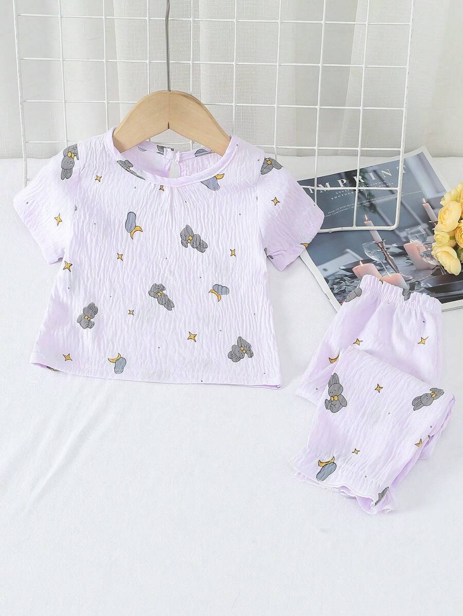 2pcs Baby Girls Rabbit & Star Pattern Button Shirt And Casual Pants Set, Homewear - Purple - View 1