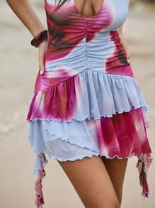 Aralina Vestido mini con estampado floral, corte asimétrico con volantes, escote halter y espalda descubierta - Azul - Ver 3