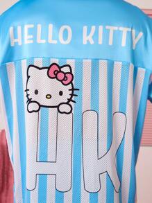 HELLO KITTY AND FRIENDS | SHEIN Unisex Casual Loose Character Print Blue & White Contrast Mesh T-Shirt & Shorts Set, Spring/Summer - Blue and White - View 4