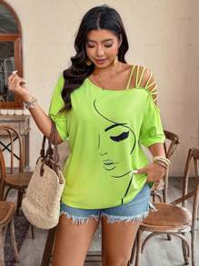 EMERY ROSE Camiseta de manga corta con cuello asimétrico y estampado de retrato, estilo casual para tallas grandes, para verano - Verde - Ver 6