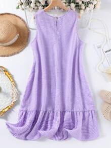 SHEIN LUNE Vestido casual de cuello redondo sin mangas a cuadros talla grande, elegante para el verano - Púrpura malva - Ver 2