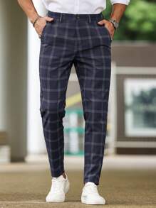 Manfinity Homme Men's Casual Plaid Pattern Front Button Pocket Suit Pants - Blue - View 3