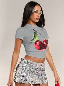 SHEIN BAE Damen T-Shirt mit Chreey Frucht Grafik-Muster, Rundhalsausschnitt und Kurzarm, einfache, lässige Schulkleidung, geeignet als weißes Sommer-Top für Ausflüge - Hellgrau - Übersicht 6