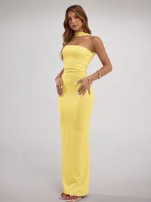 SHEIN BAE Đầm suông cổ yếm xếp ly màu trơn thanh lịch cho nữ - Màu vàng - Xem 5