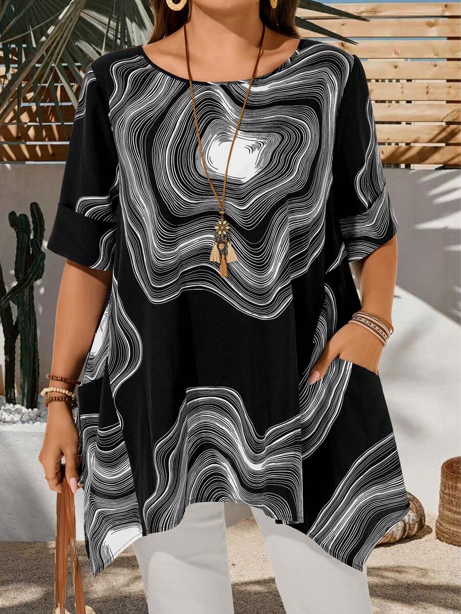 EMERY ROSE 加大码圆领漩涡印花不对称下摆休闲衬衫，度假女士夏季女士办公室装，度假女士夏季女士节日波西米亚风，节日 - 黑色 - 查看 1