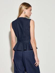 AiiRZ Top con chaleco de mezclilla con volante sin mangas, con botones delanteros, índigo crudo, con estructura ajustada, prenda de trabajo profesional, pieza de declaración de moda para primavera y verano - Azul - Ver 2