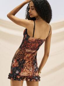 Easelle Women's Renaissance Rair Bohemia Vintage Casual Floral Pattern Brown Ruffle Hem Cami Mini Dress - Brown - View 7