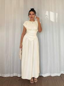 Rafferiza Women's Solid Color Round Neck Pleated Long Casual Summer Dress - Apricot - View 3