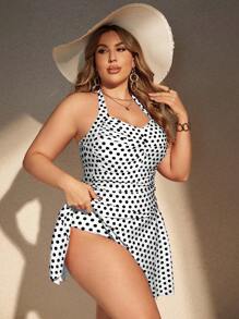 Swim Lushoire 大码女式随机印花吊带背心遮臀连体泳衣，休闲与度假 - 黑與白 - 查看 4