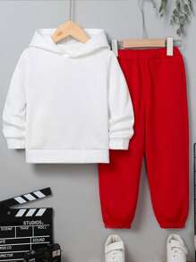 2 件装年轻男童休闲学院风字母卡通涂鸦标语图案连帽衫和运动裤，适合街头和学校场景，秋冬季 - 紅色 - 查看 2