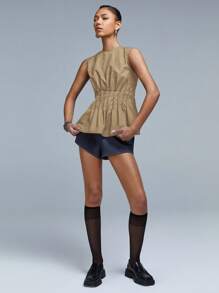 Athîral Women's Sleeveless Top With Pleated Waist And Round Neck - Brown - View 3