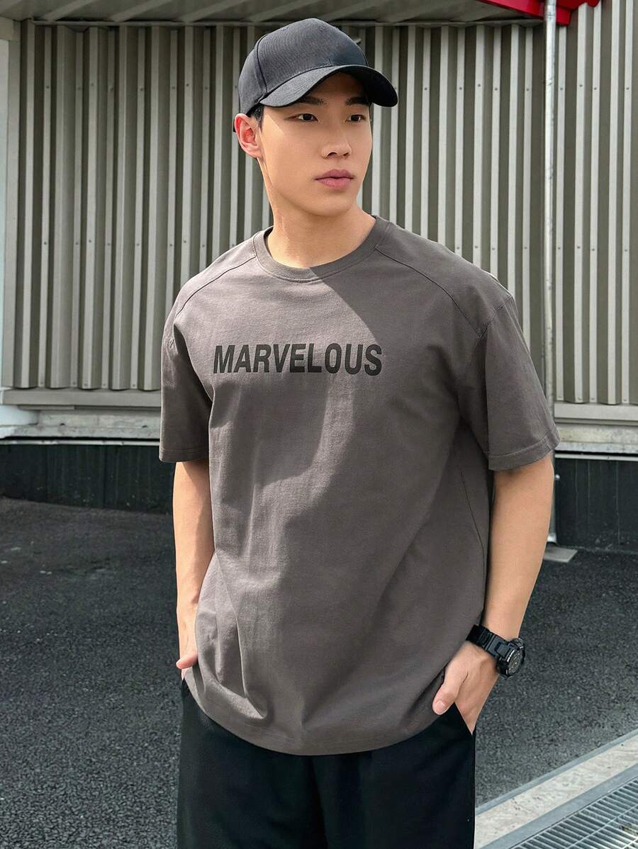 DAZY 男士休闲简约字母印花短袖T恤，夏季 - 灰色 - 查看 1