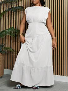 Slaydiva Plus Size Women's Elegant Cocktail Party Vacation V-Neck Sleeveless Solid Color Asymmetrical Cutout Patchwork Thin Long Dress, Spring/Autumn - White - View 3