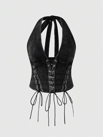 Grunge Punk Blusa de cuello con cordón y tejido abierto con estampado de copos de nieve desgastado para tallas grandes y sexy