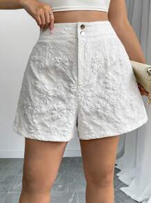Elenzga 大码女式纹理面料纽扣优雅办公短裤 - 白色 - 查看 1