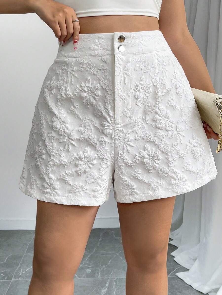 Elenzga Quần short công sở thanh lịch vải có nút họa tiết cỡ lớn cho nữ - trắng - Xem 1