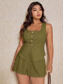 Elaquor Bộ 2 món áo sơ mi không tay một hàng khuy đơn màu trơn cỡ lớn dành cho nữ và quần short thường ngày - xanh quân đội - Xem 4