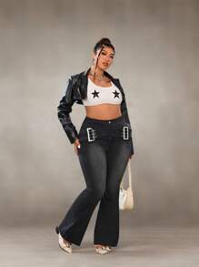 SHEIN ICON Plus Size Women Flare Jeans, Casual, Suitable For Summer - Black - View 5