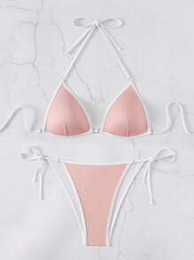 Swim SXY 2 Stücke Damen Solide Gepolstert Push-Up Glitzer Seitlich Gebundene Bandeau Bikini Set für den Strandurlaub - Pink - Übersicht 8