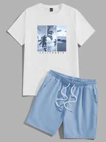 Manfinity RSRT Tropical Beach Blue Color Block Vacation Print Slim Fit Men's White Knit Shirt & Blue Woven Shorts Set - Multicolor - View 1