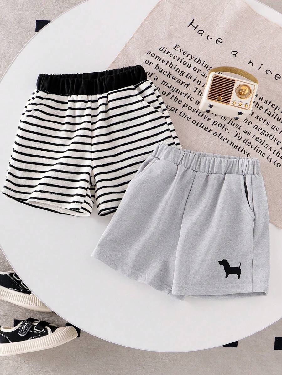 SHEIN 2件装男童黑白条纹针织短裤和纯灰色小狗图案短裤，夏季运动短裤，时尚百搭 - 彩色 - 查看 1