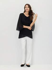 Miaspire Women's Solid Color V-Neck Batwing Sleeve Simple Blouse, For Casual Daily Wear - Black - View 6