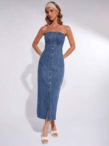 COSMINA 女士优雅牛仔抹胸连衣裙，春夏 - 藍色 - 查看 5