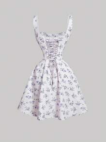 SHEIN MOD 女士方领荷叶边前系带碎花连衣裙 - 彩色 - 查看 1