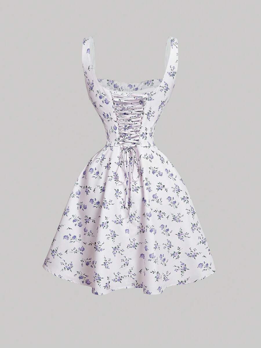 SHEIN MOD 女士方领荷叶边前系带碎花连衣裙 - 彩色 - 查看 1