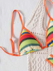 Swim Vcay Women's Crochet Bohemian Multicolor Mesh Trim Triangle Top Backless Two Pieces Bikini Swimsuit, Fashion Party Sexy Split Swimwear For Beach Holiday Summer - Multicolor - View 4