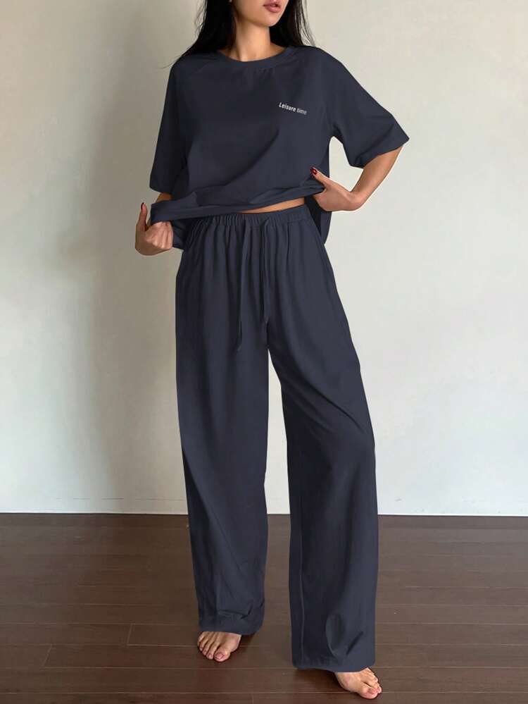 2pcs Women Sleepwear Set, Letter Print Soft & Cozy Lounge Set Pajama