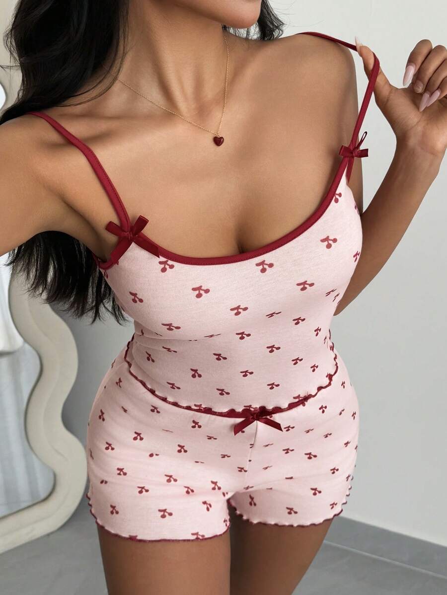DAZY Women Cute Cherry Print Contrast Trim Fitted Cami And Shorts Pajama Set