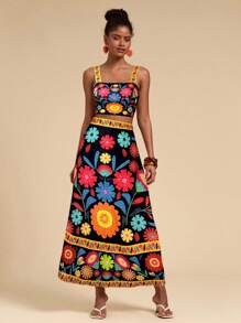 Travachic 女士两件套：印花短款吊带上衣和高腰半身裙，度假风格 - 黑色 - 查看 4