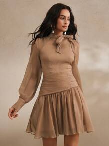 Anewsta Elegant Slimming Waist Vintage French Palace Style Minimalist A-Line Short Dress, Spring/Summer Outfit For Women - Coffee Brown - View 3