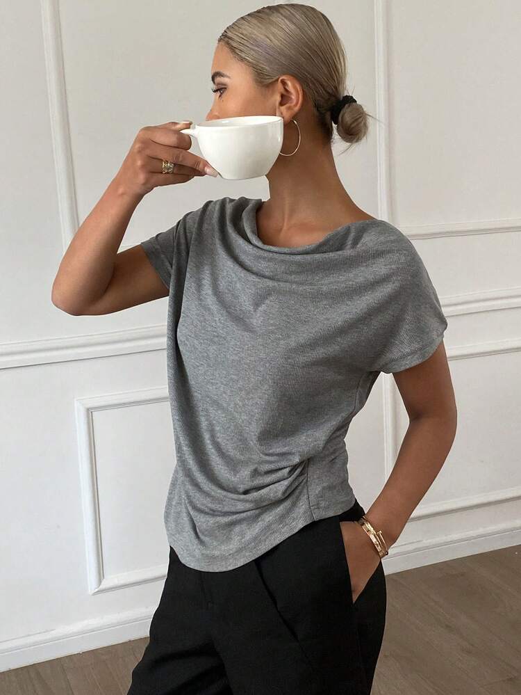 Women Solid Color Casual Short Sleeve Scoop Neck T-Shirt, Summer Top