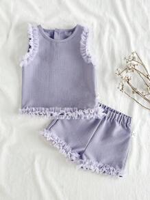 SHEIN Vintaside Kids Baby Girl Minimalist Sweet Lady Net Top & Shorts Set, Suitable For Summer
