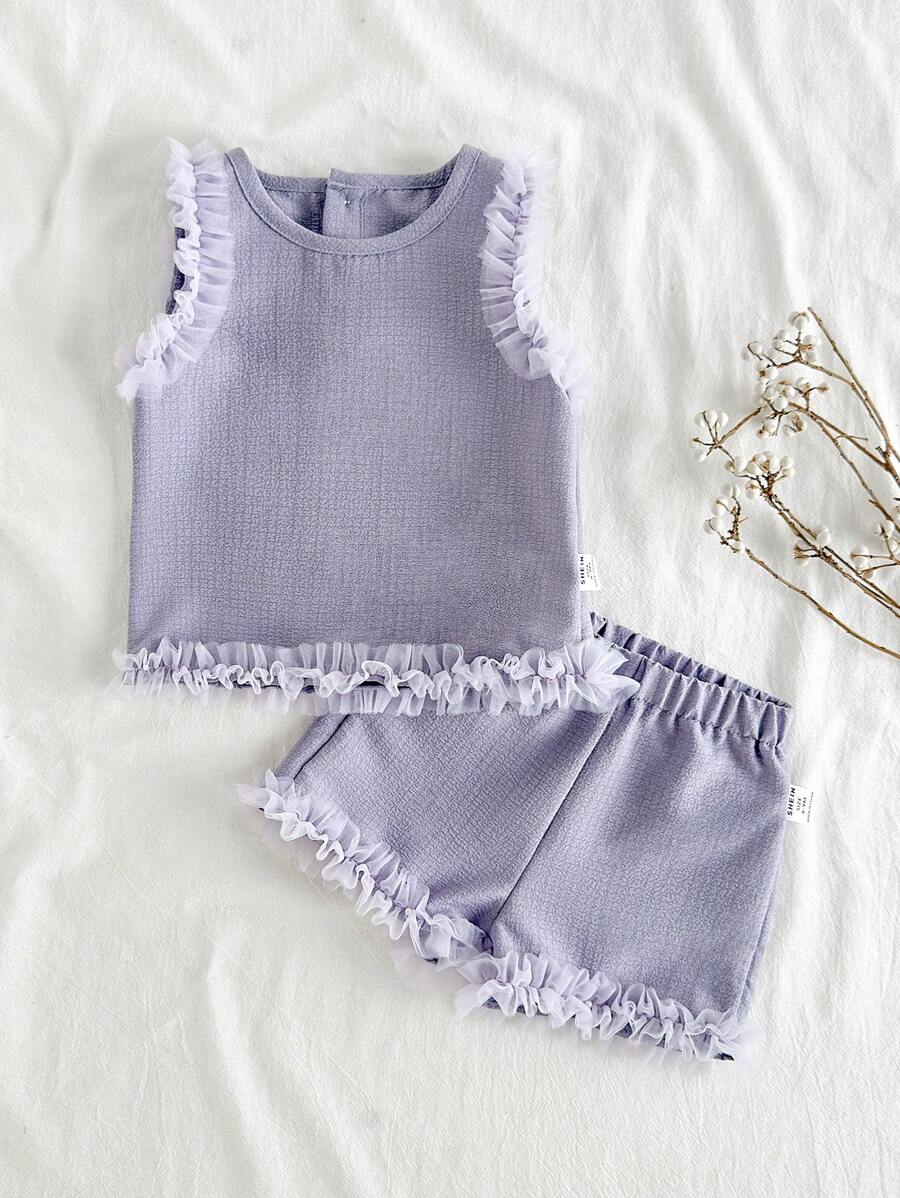 SHEIN Vintaside Kids Baby Girl Minimalist Sweet Lady Net Top & Shorts Set, Suitable For Summer