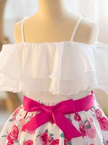 SHEIN 女童露肩吊带上衣和碎花裙两件套，波西米亚风格，适合春季/度假 - 紅白色 - 查看 7