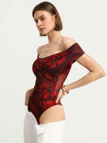 GENKIRA Red Ankura Floral Print Random Mesh Wrap Off Shoulder Romantic Elegant High-End Design Waist-Cinched Bodysuit For Women All Over Print  For Summer - Red - View 3