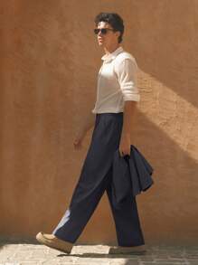 HIMLAND Bộ 2 món quần âu nam dáng rộng dệt tay dài và quần ống đứng có dây rút ở eo - Màu xám đen - Xem 3