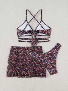 Swim Mod 3pcs Women Summer Vacation Beach Ditsy Floral Bikini Set - Multicolor - View 2