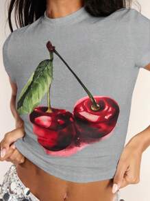 SHEIN BAE Damen T-Shirt mit Chreey Frucht Grafik-Muster, Rundhalsausschnitt und Kurzarm, einfache, lässige Schulkleidung, geeignet als weißes Sommer-Top für Ausflüge - Hellgrau - Übersicht 4