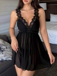 DAZY 2pcs/Set Lace Contrast Mesh Backless Halter Nightgown & G-String Lingerie Set, Sexy - Black - View 3