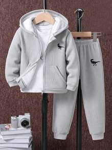 SHEIN 2pcs Tween Boys' Casual Textured Fabric Hoodie & Pants Set - Grey - View 1